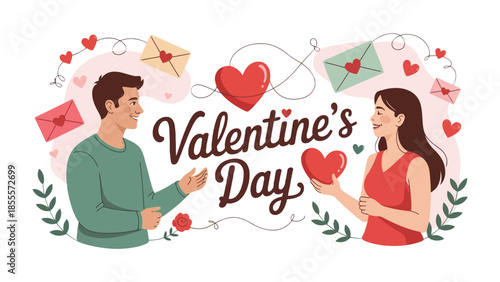 Valentine's Day Couple in Love: A romantic scene unfolds featuring a couple exchanging hearts, symbols of love and affection.