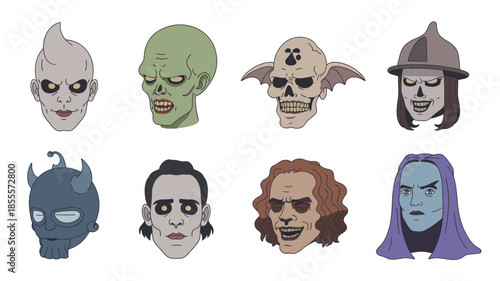 Collection of eight spooky and scary monster and skull faces