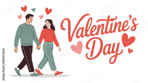 Valentine's Day Couple in Love: A couple, hand in hand, walks serenely with love hearts above them, celebrating Valentine's Day.
