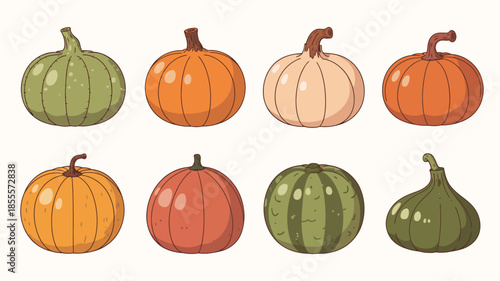 Collection of colorful hand drawn pumpkins and gourds for autumn harvest
