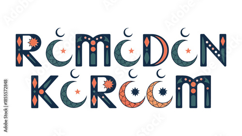 Ramadan Kareem Greeting: A stylized graphic of Ramadan Kareem conveys festive blessings. The letters are adorned with crescent moons and stars, celebrating the holy month.