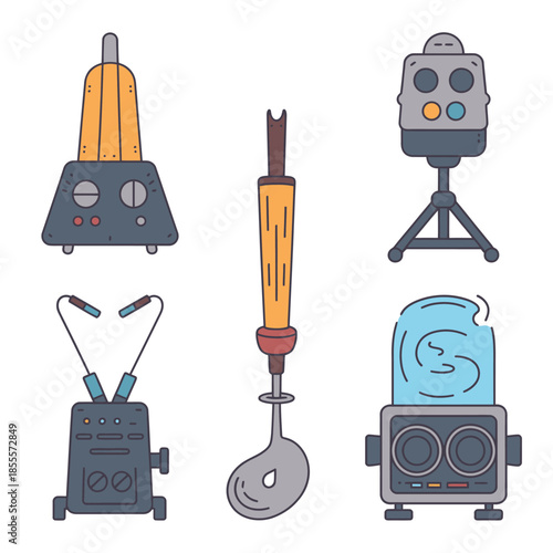 Collection of vintage kitchen appliances and gadgets in a flat design style