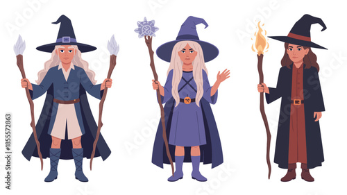 Three cartoon witches with staffs and pointy hats on white background