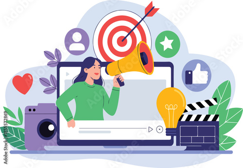 Digital Marketing and Video Content Creation Vector Illustration - digital marketing, social media, SEO, video marketing, content creation, search engine optimization,
