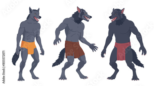 Three anthropomorphic wolf creatures in loincloths on white background