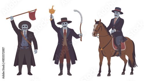 Three figures in historical attire with symbolic objects on white background