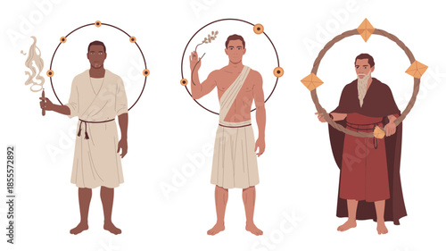 Three ancient roman men in traditional togas holding symbolic items