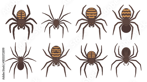 Collection of eight different cartoon spiders in various poses and styles