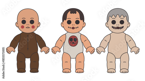Three cartoon dolls with different appearances and expressions