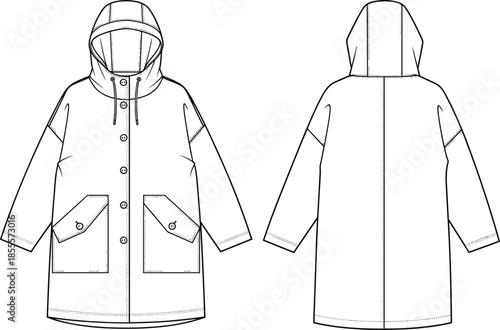  Hooded button front coat technical fashion flat, long sleeve outerwear illustration with patch pockets and drawstring hood, apparel design vector template