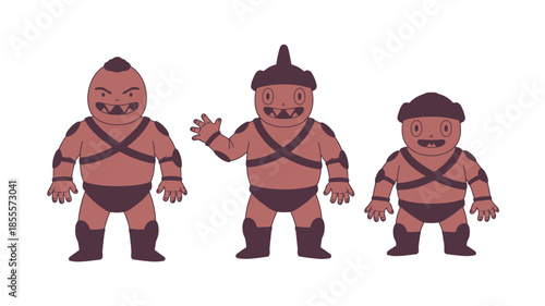Three cartoon warriors in ancient armor with stylized faces and weapons