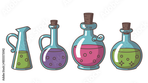 Four colorful glass bottles with cork stoppers containing liquids