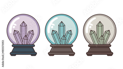 Three colorful crystal balls with crystals inside on stands