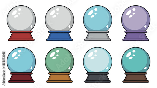 Collection of eight colorful crystal balls on stands with different colored bases