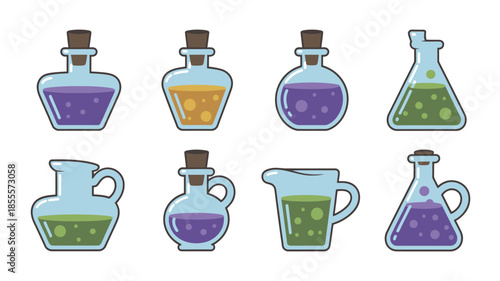 Collection of colorful glass bottles and jars filled with potions and liquids