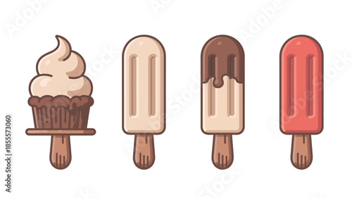 Collection of four delicious frozen desserts on sticks including ice cream and popsicles
