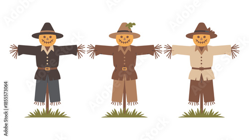 Three friendly scarecrows standing in a row with outstretched arms