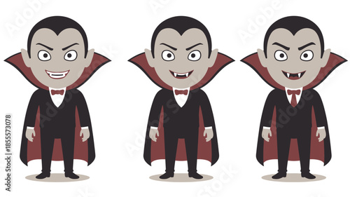 Three cartoon vampires with different expressions in black capes