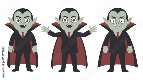 Three cartoon vampires with red capes and suits on white background
