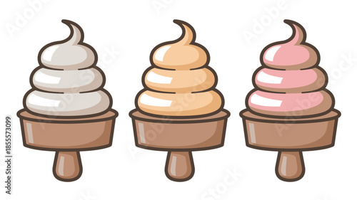 Three colorful soft serve ice cream cones in a row