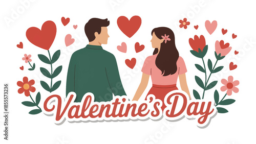 Valentine's Day Couple in Love: A romantic scene features a couple hand in hand, surrounded by hearts and flowers, celebrating Valentine's Day. An illustration evoking love and connection.