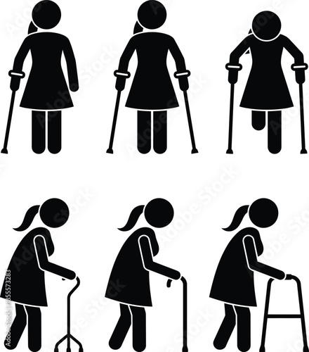 Stick figures illustrating women with mobility issues using crutches, canes, and walkers