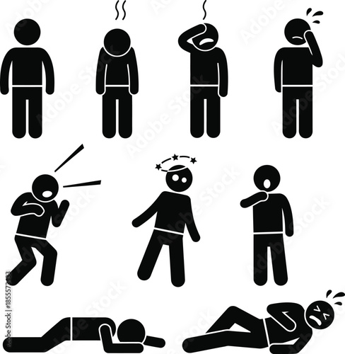 Set of black stick figures representing various sickness symptoms and health problems