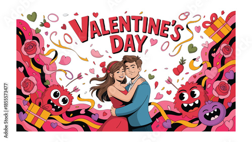 Love's Embrace on Valentine's Day: a tender couple embraced within an illustrative, romantic setting, celebrating the day of love with a charming, whimsical design.