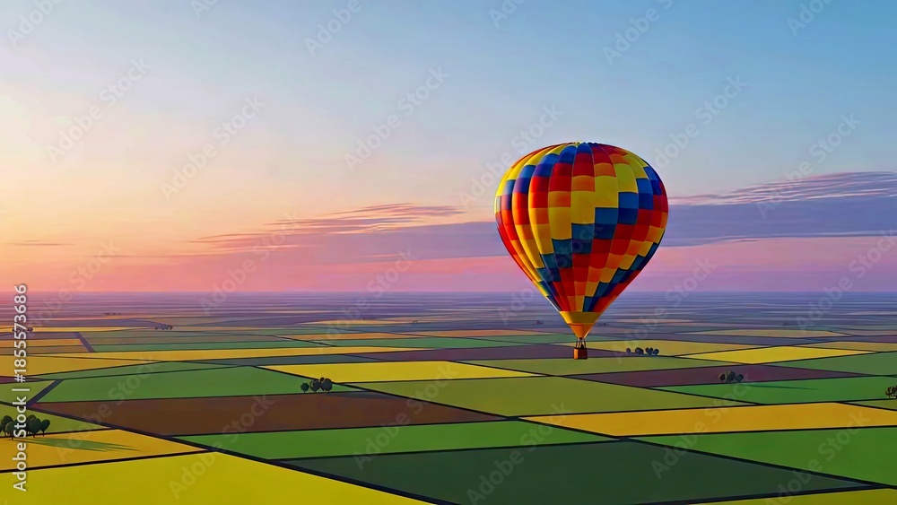 Fototapeta premium Majestic Hot Air Balloon Soaring Over Vibrant Colorful Fields During Scenic Golden Sunset