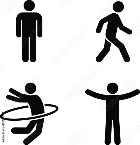 A set of four black icons representing human actions including standing, walking, and exercise