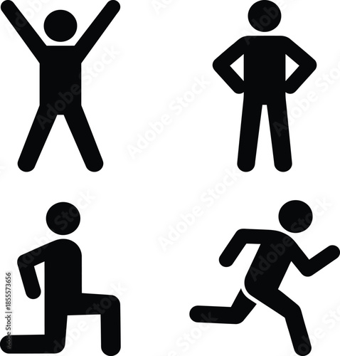 A set of four simple icons illustrating various workout poses and physical activities