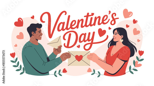 Affectionate Correspondence: A vibrant illustration depicts a couple exchanging heartfelt letters, symbols of love and connection, perfect for Valentine's Day.
