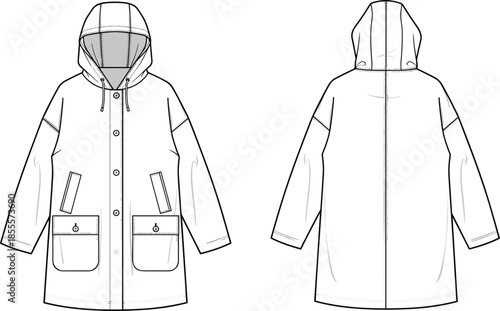  Hooded button front coat technical fashion flat, long sleeve outerwear template with flap pockets and drawstring hood, apparel design vector illustration
