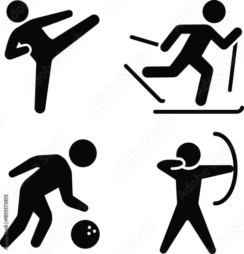 Set of four simple sports activity pictograms including martial arts, skiing, bowling, and archery icons
