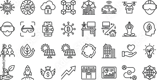 Collection of minimalist line art icons representing cutting edge technology concepts like artificial intelligence blockchain computing and sustainable development for web or app design projects