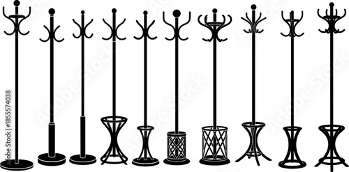 Set of vintage bentwood coat stand silhouettes with umbrella racks classical Victorian furniture icons for interior design and home decor vectors