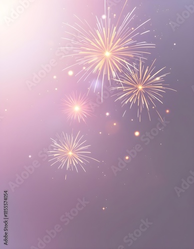 Balanced wide composition with subtle glowing fireworks ambient soft lighting muted lavender and gold tones elegant minimalist celebratory design central 2026