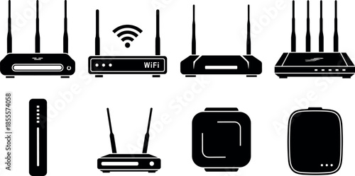 Wireless Wi-Fi Router Icon Set with Different Modem Models Signal Antennas and Mesh Networking Hardware Vector Illustrations for Internet Connectivity Technology