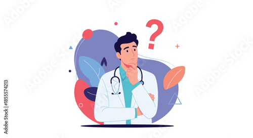 Thinking doctor in a white coat with a stethoscope and a question mark icon exploring medical solutions or diagnosis.