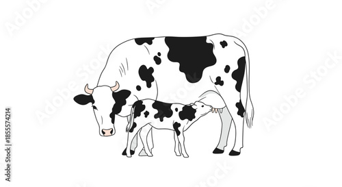 Mother cow and her small calf standing together on a white background representing farm life and animal motherhood.