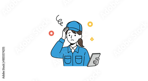 Worried female worker in a blue uniform and cap holding a tablet while expressing concern or confusion about a work task.