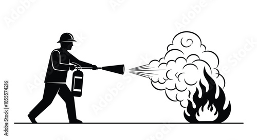 Silhouette illustration of a brave firefighter using a fire extinguisher to put out a fire with smoke billowing up.