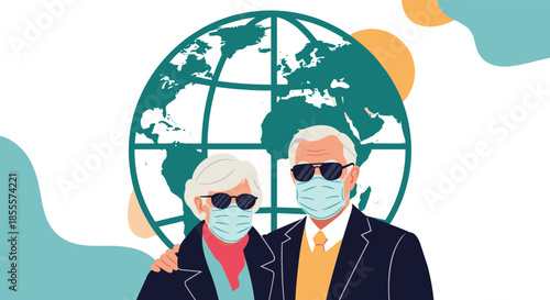 Elderly couple wearing protective face masks and sunglasses with a global map background during travel and pandemic.
