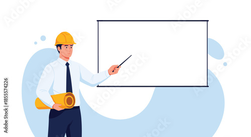 Professional architect in a hard hat holding a blueprint and pointing to a whiteboard for a construction presentation.