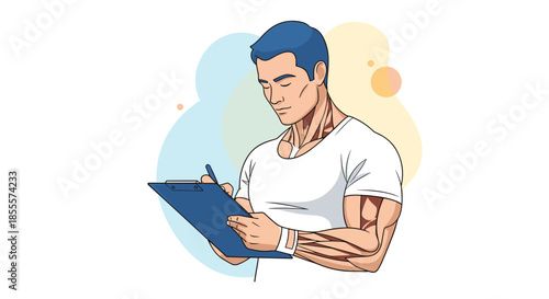 Strong muscular man with blue hair focused on taking notes on a blue clipboard for fitness or sports coaching tasks.