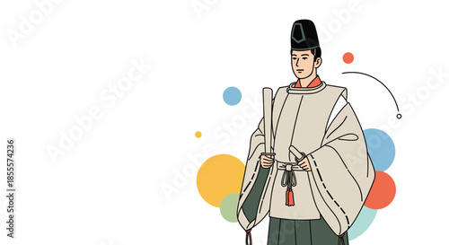 Nobleman in traditional Japanese Heian period court attire standing with a wooden baton against a colorful background.