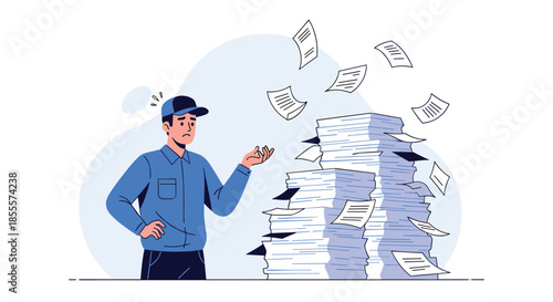 Stressed worker in a blue uniform overwhelmed by a massive pile of falling papers and documents at a busy office or warehouse.