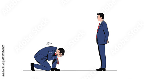 Businessman kneeling in despair before another standing professional figure depicting failure or humble apology in office.