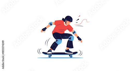 Active person in red t-shirt and protective gear riding skateboard on flat ground showing urban sports lifestyle and fun.