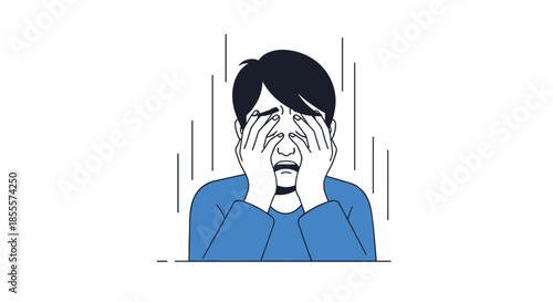 Stressed man in blue shirt covering his face with hands feeling overwhelmed by pressure and mental exhaustion at work.